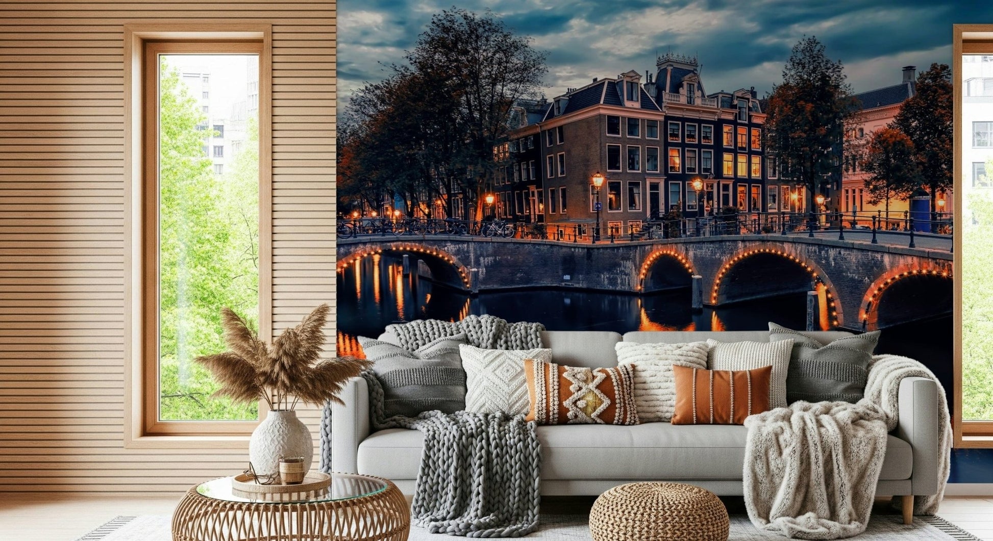Urban European charm via Amsterdam Nights wallpaper mural.