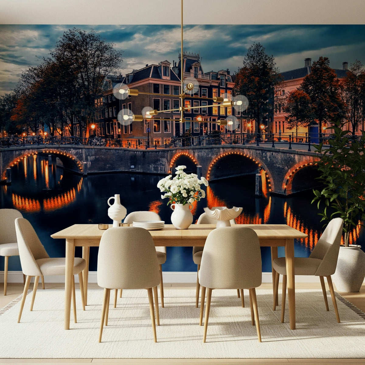 Amsterdam Nights mural featuring glowing arched bridge reflections., GD7518