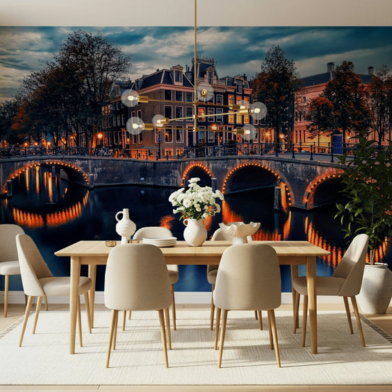 Amsterdam Nights mural featuring glowing arched bridge reflections., GD7518