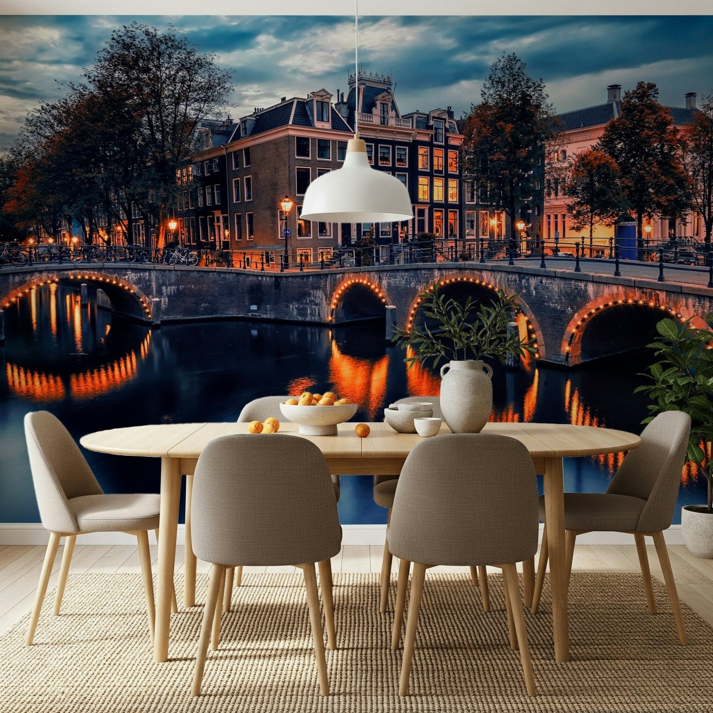 Glowing street lamps illuminate this Amsterdam Nights mural.