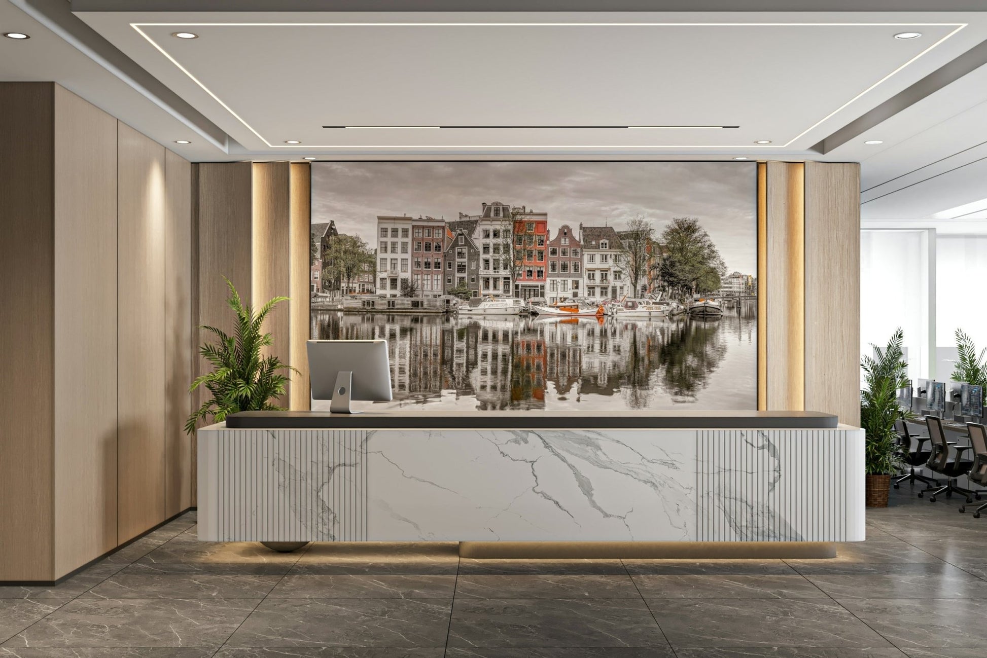 Tranquil canal surface.

