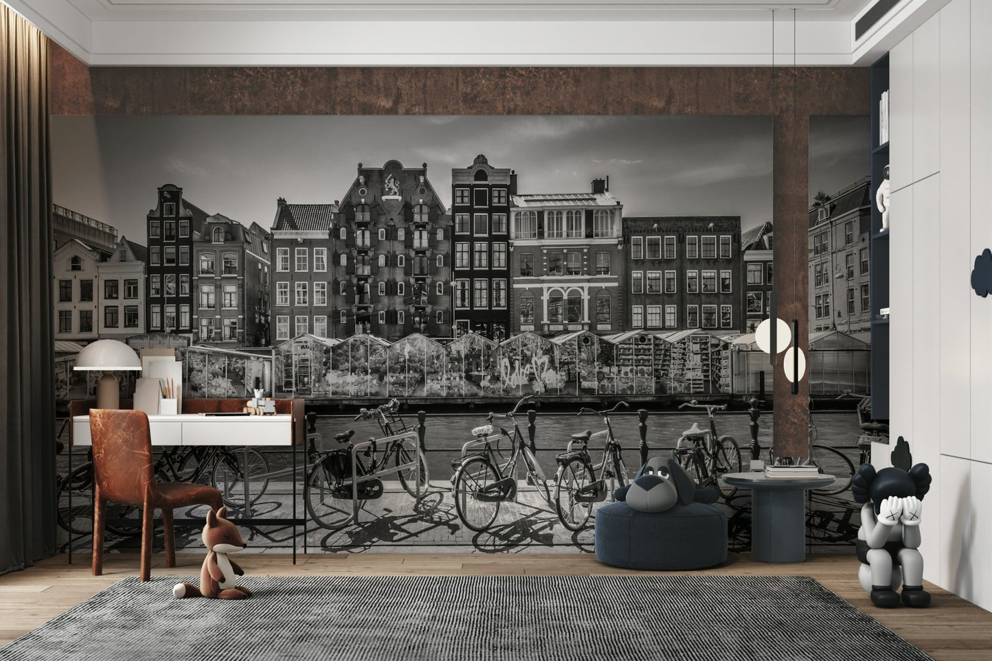 Timeless monochrome mural featuring Amsterdam’s canals

