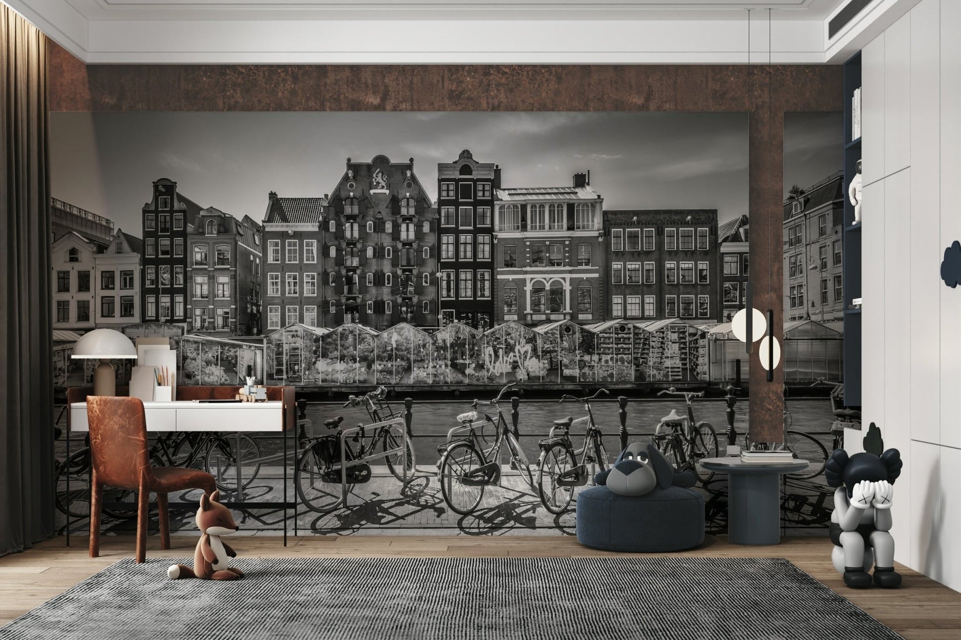 Timeless monochrome mural featuring Amsterdam’s canals

