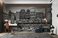 Timeless monochrome mural featuring Amsterdam’s canals

