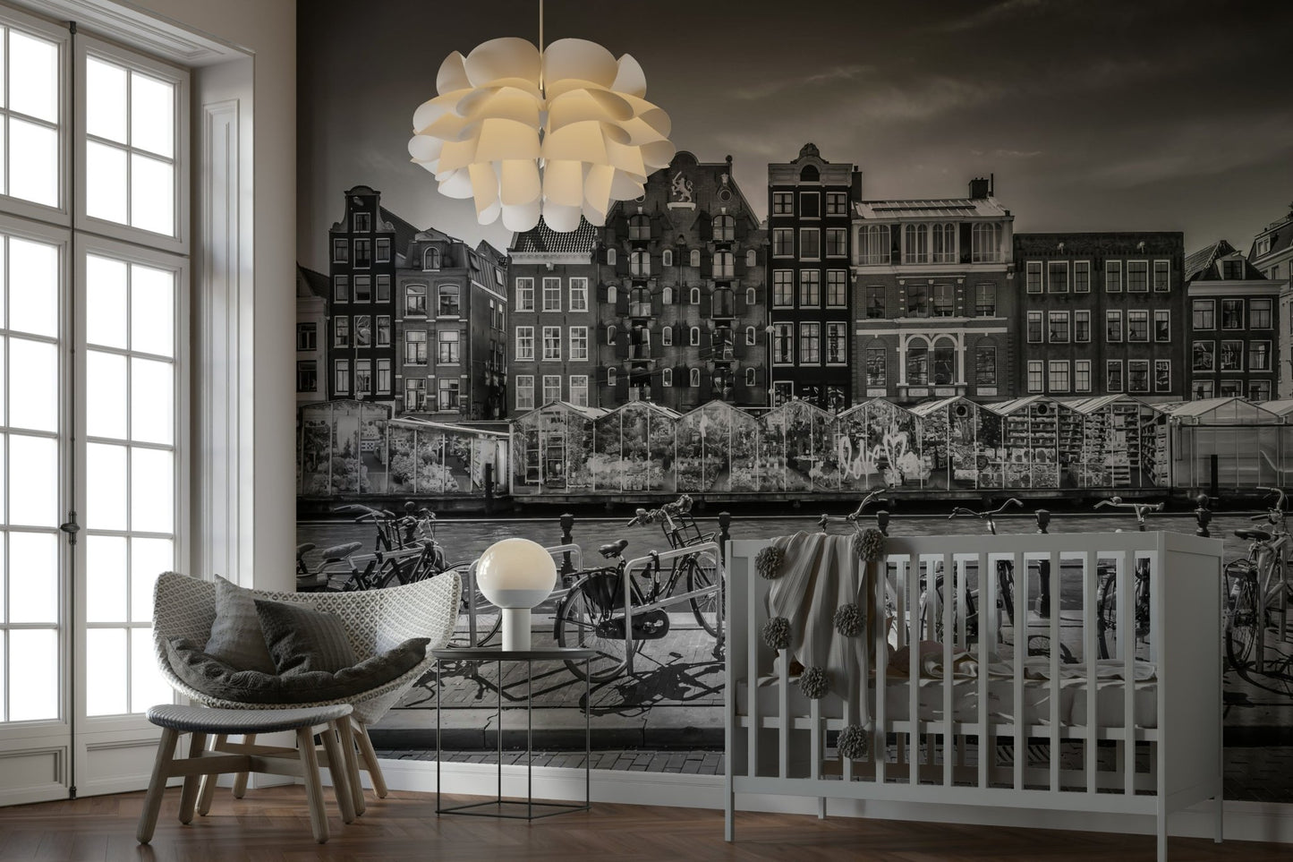 Classic black-and-white flower market mural for walls

