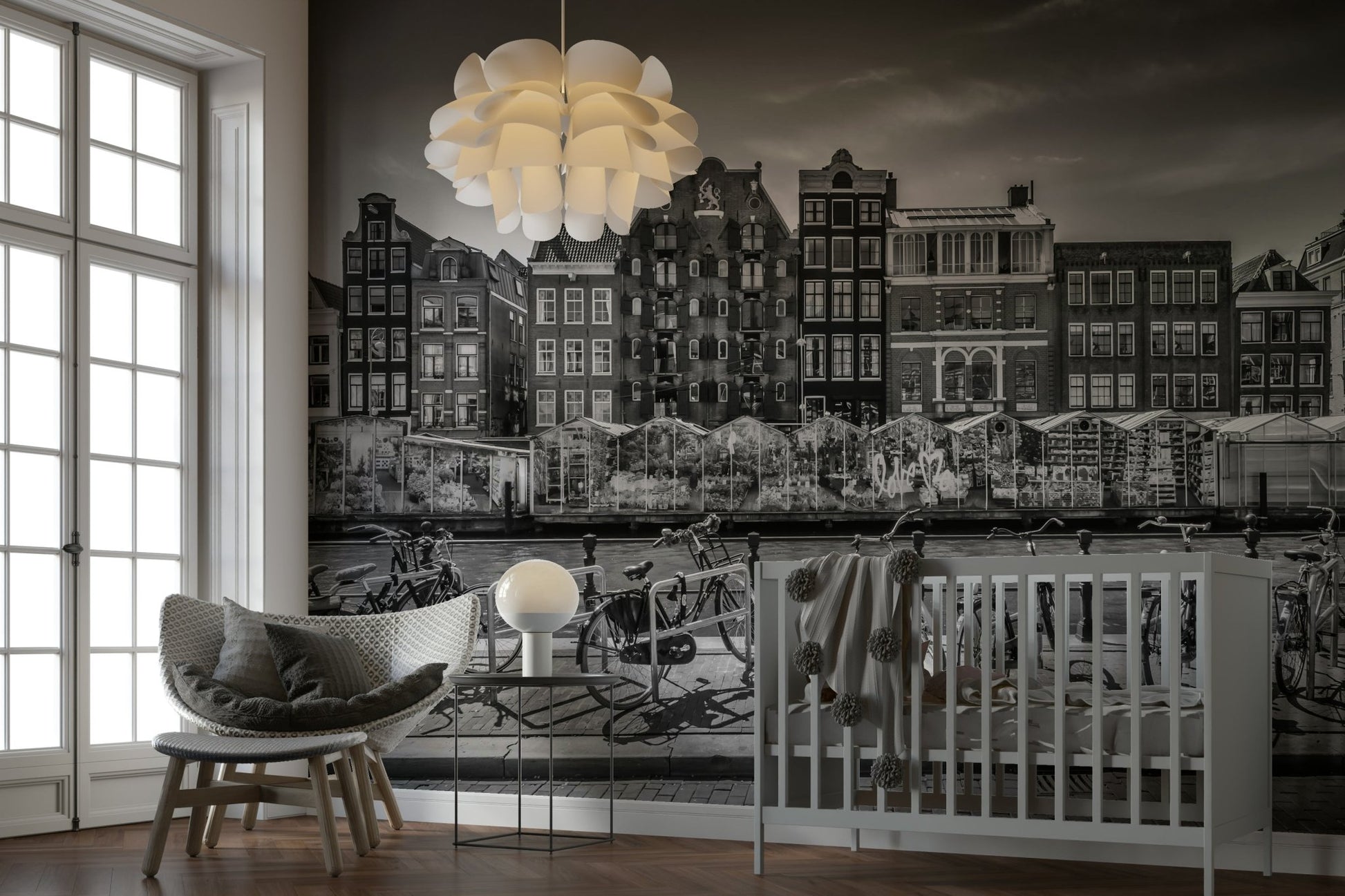Classic black-and-white flower market mural for walls

