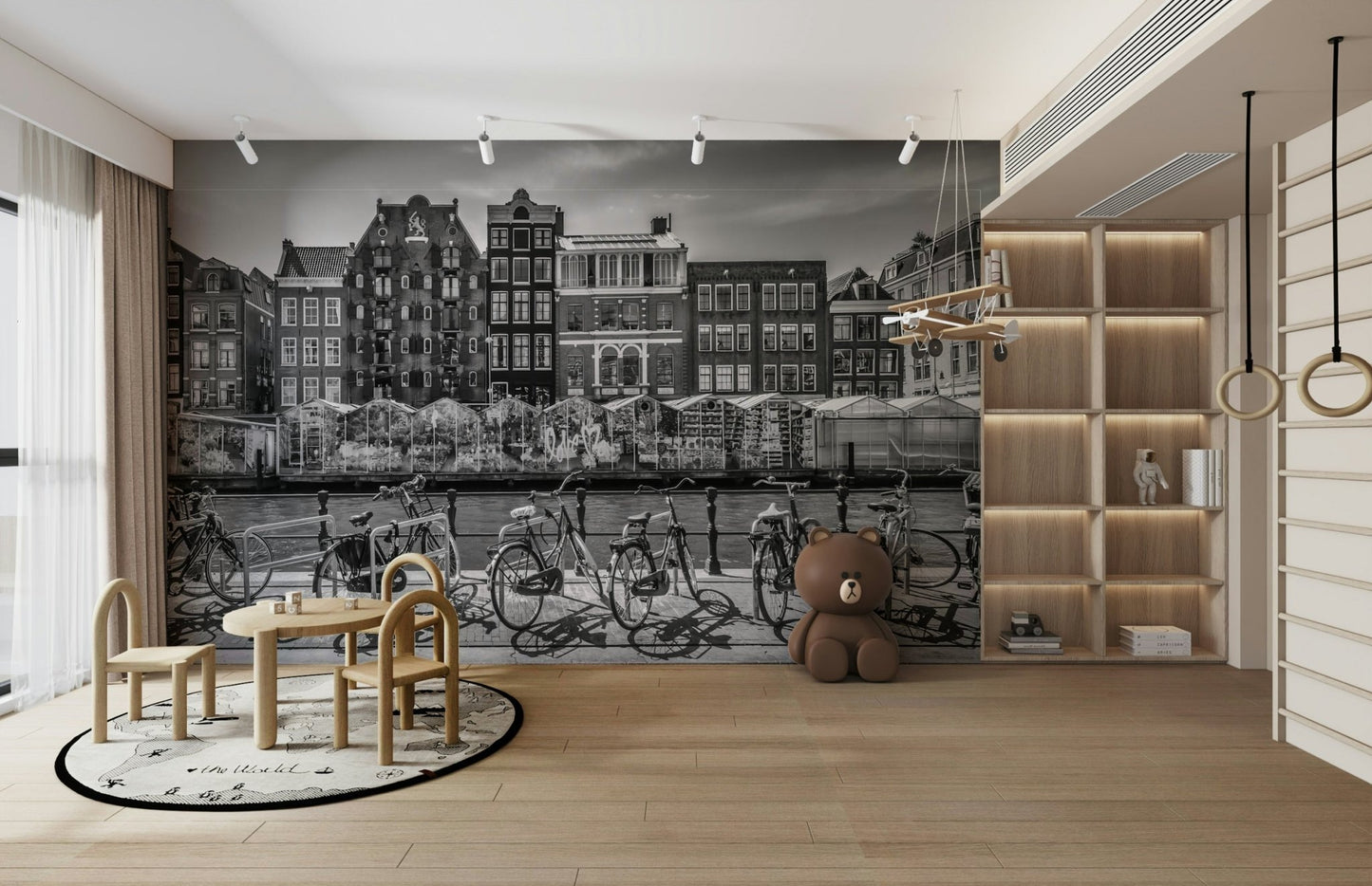 Black and white Amsterdam canal mural for living rooms


