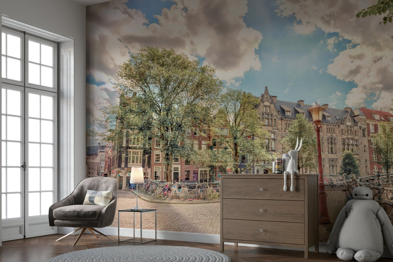 A wall mural of a peaceful street scene.

