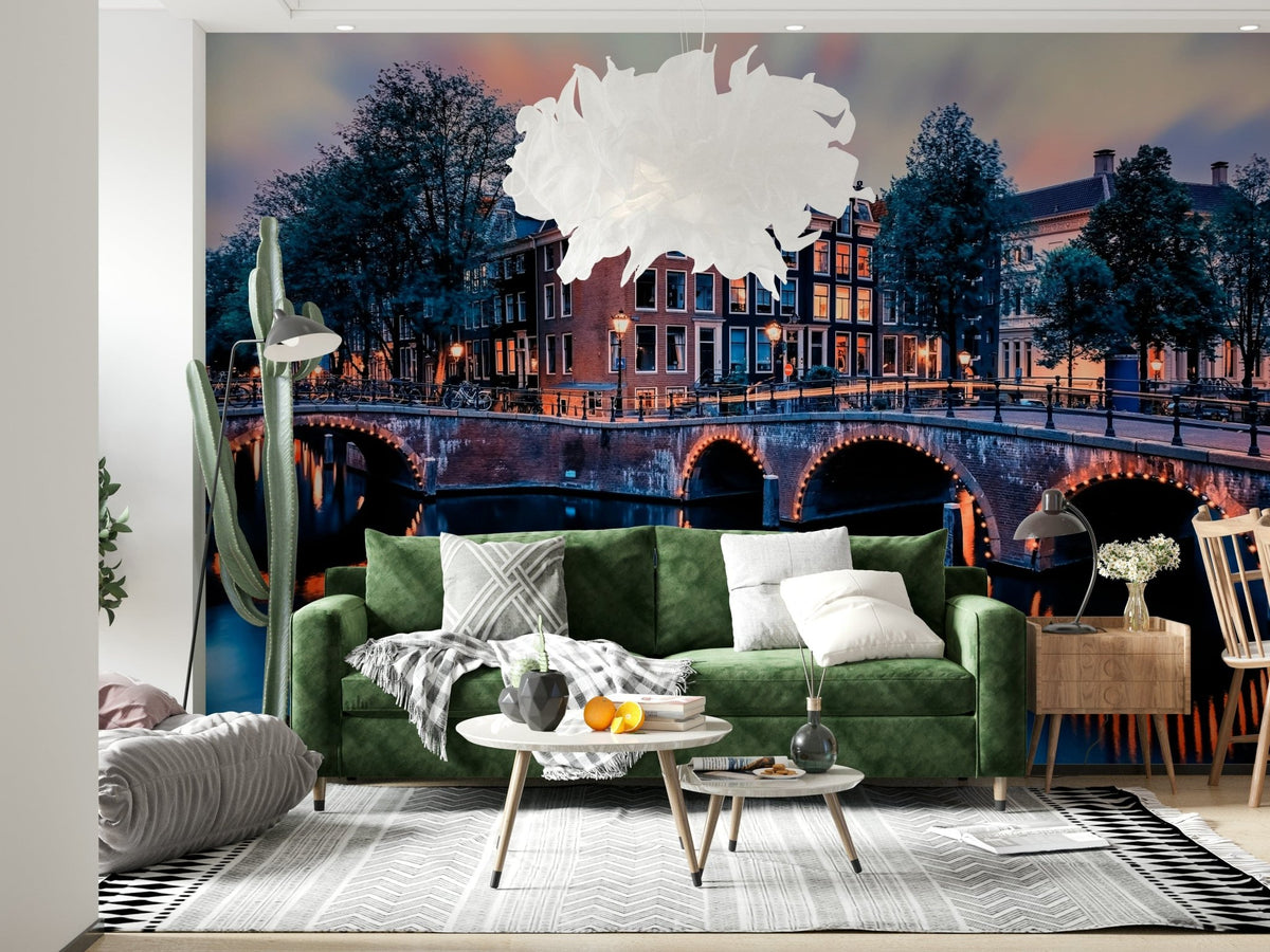 Amsterdam Twilight Wall Mural gives this lounge a glowing canal bridge backdrop, GD7979