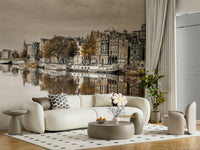 Amsterdam's Mirror wall mural with historic canal houses and water reflections., GD2450