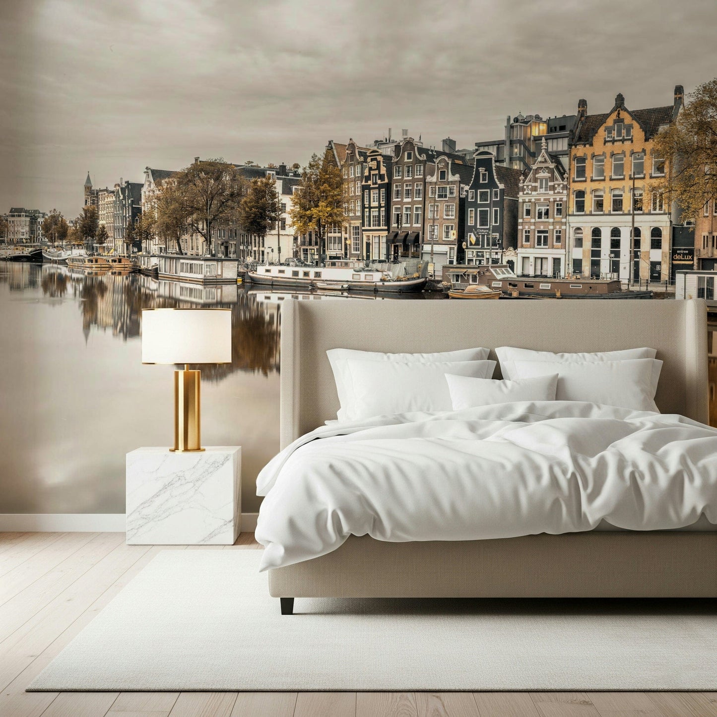 Picturesque waterway wallpaper with vibrant colours and architectural details., GD2450