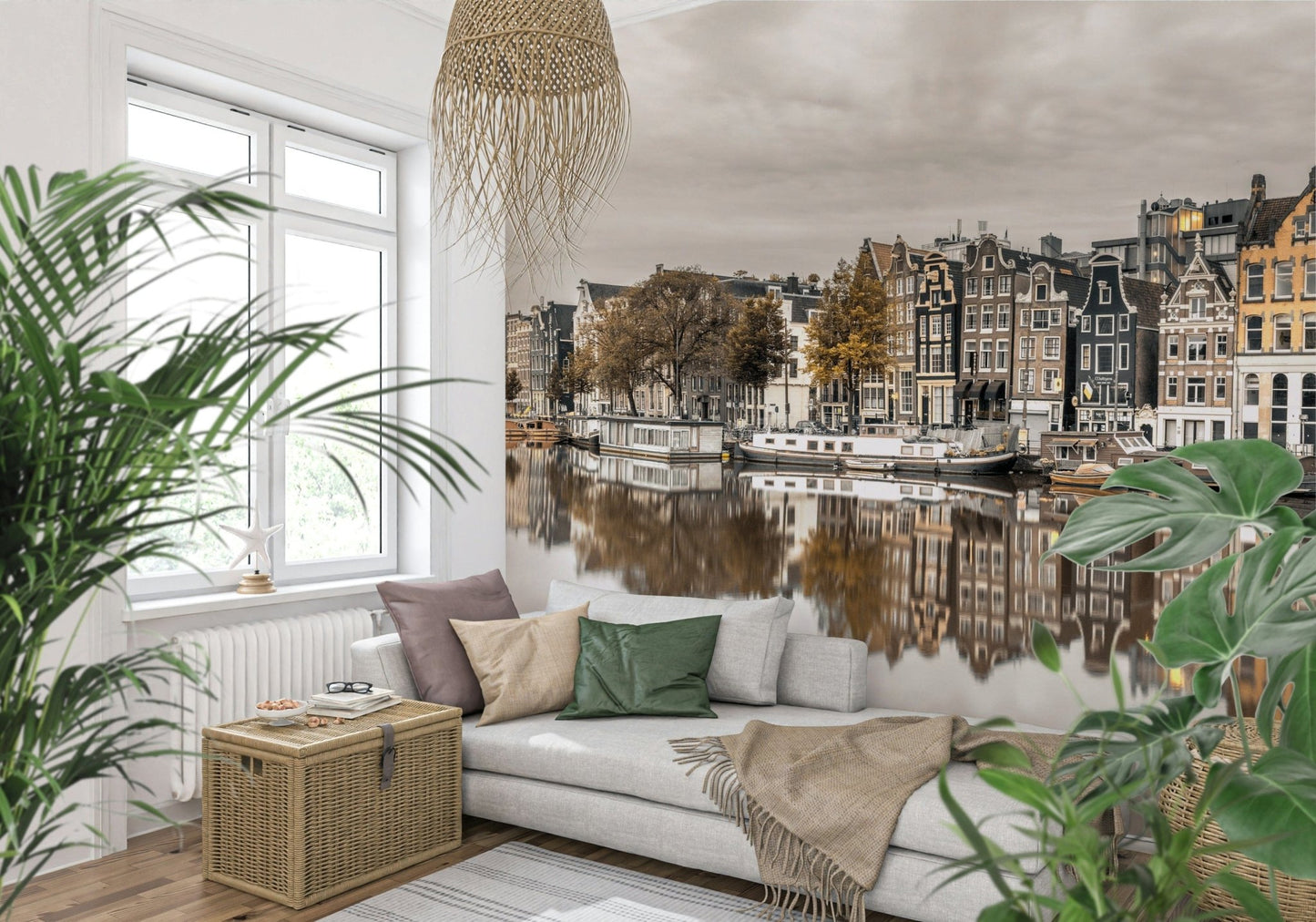 Traditional Dutch architecture wall mural in earthy charcoal and red tones., GD2450