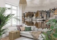 Traditional Dutch architecture wall mural in earthy charcoal and red tones., GD2450