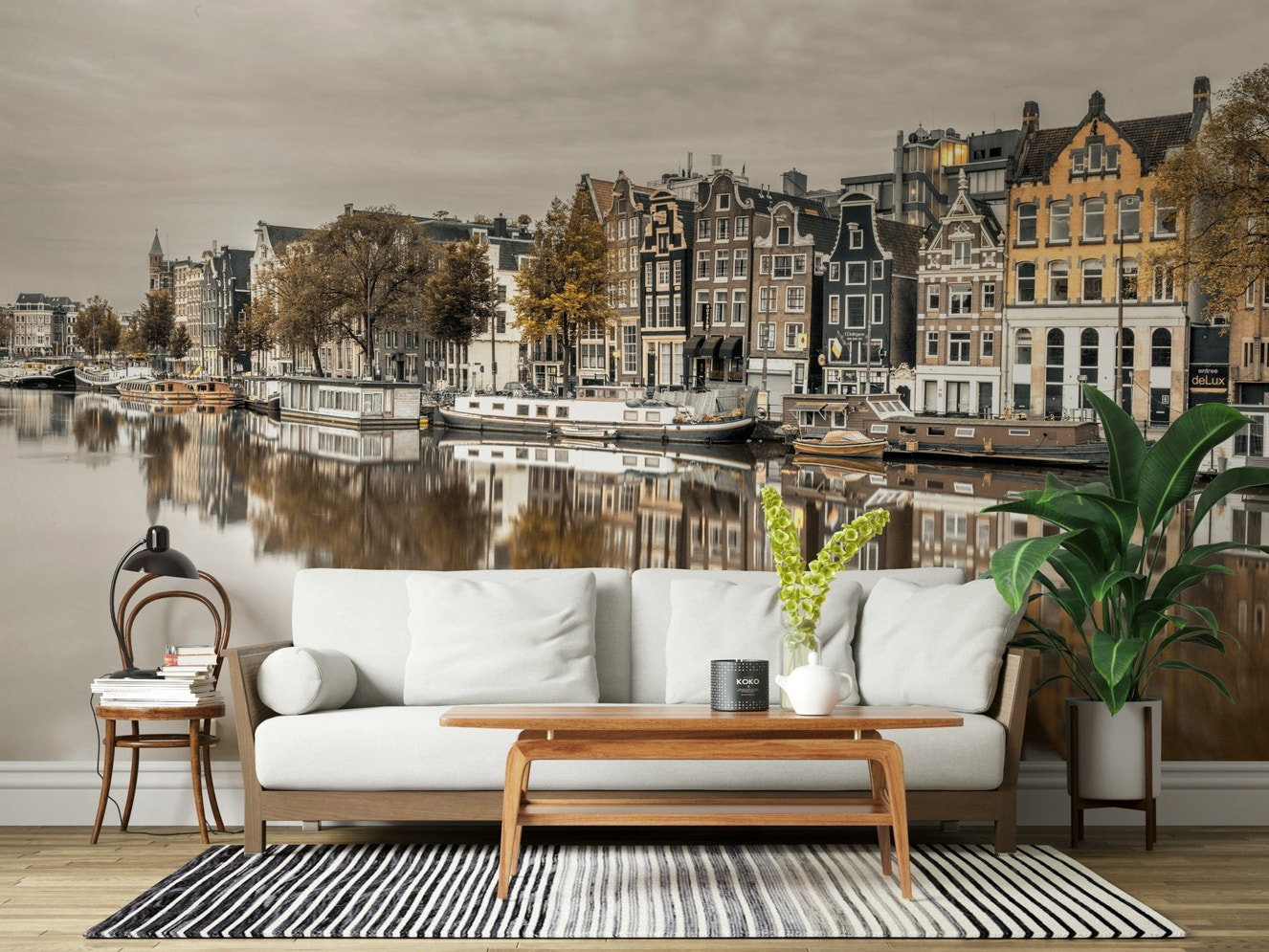 Detailed brick facade wall mural with a mirror image on still water.