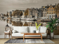 Detailed brick facade wall mural with a mirror image on still water., GD2450