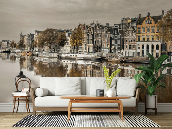 Detailed brick facade wall mural with a mirror image on still water., GD2450