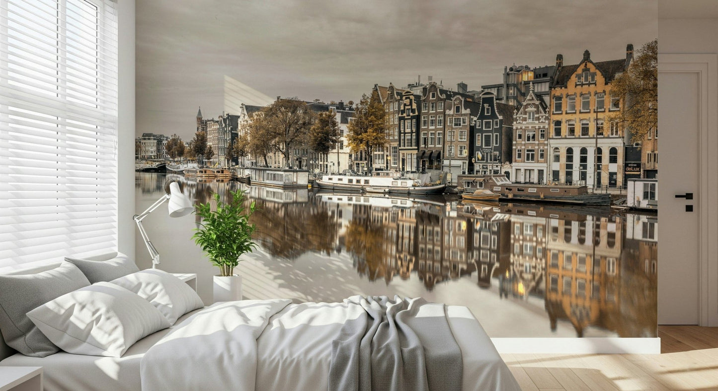 Symmetrical city landscape wallpaper showing a quiet canal at twilight., GD2450