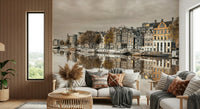 Scenic urban wallpaper featuring gabled roofs and a calm waterfront view., GD2450