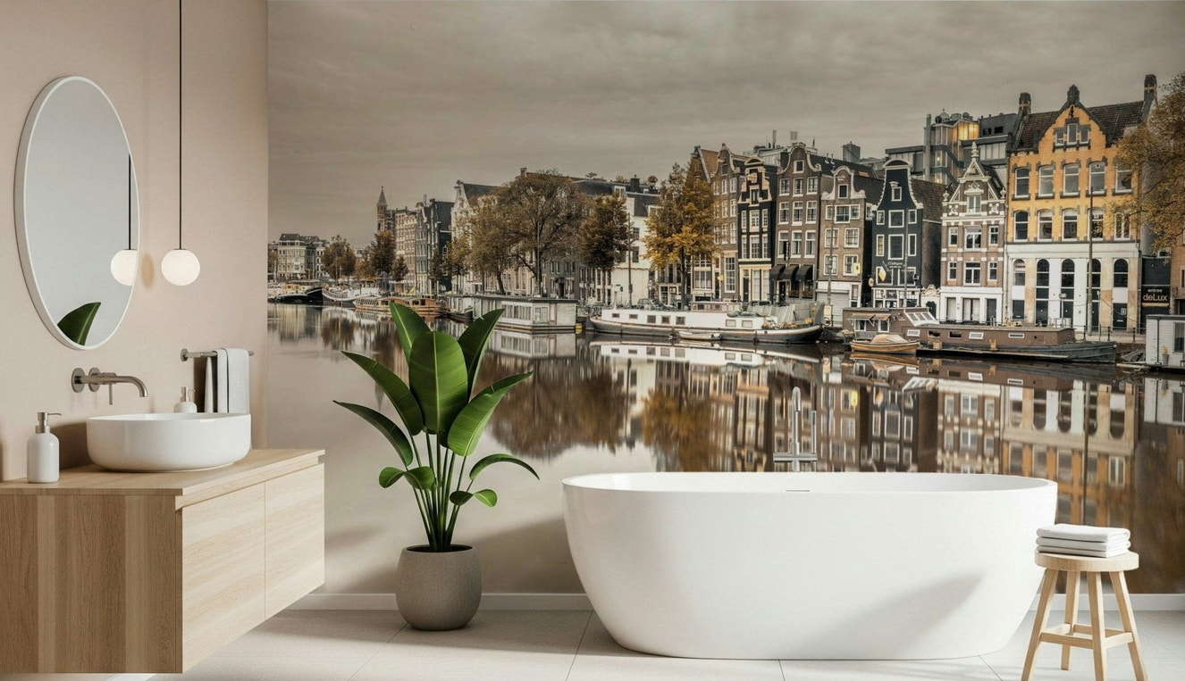 Atmospheric city vista wallpaper with soft lighting and water textures.