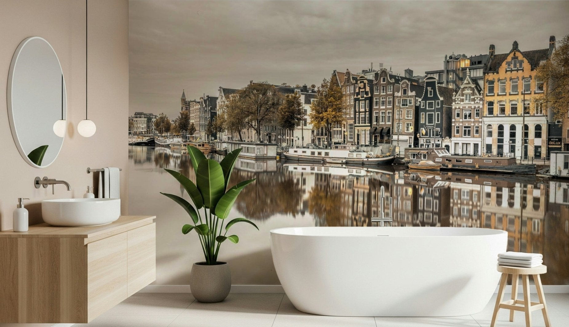 Atmospheric city vista wallpaper with soft lighting and water textures., GD2452