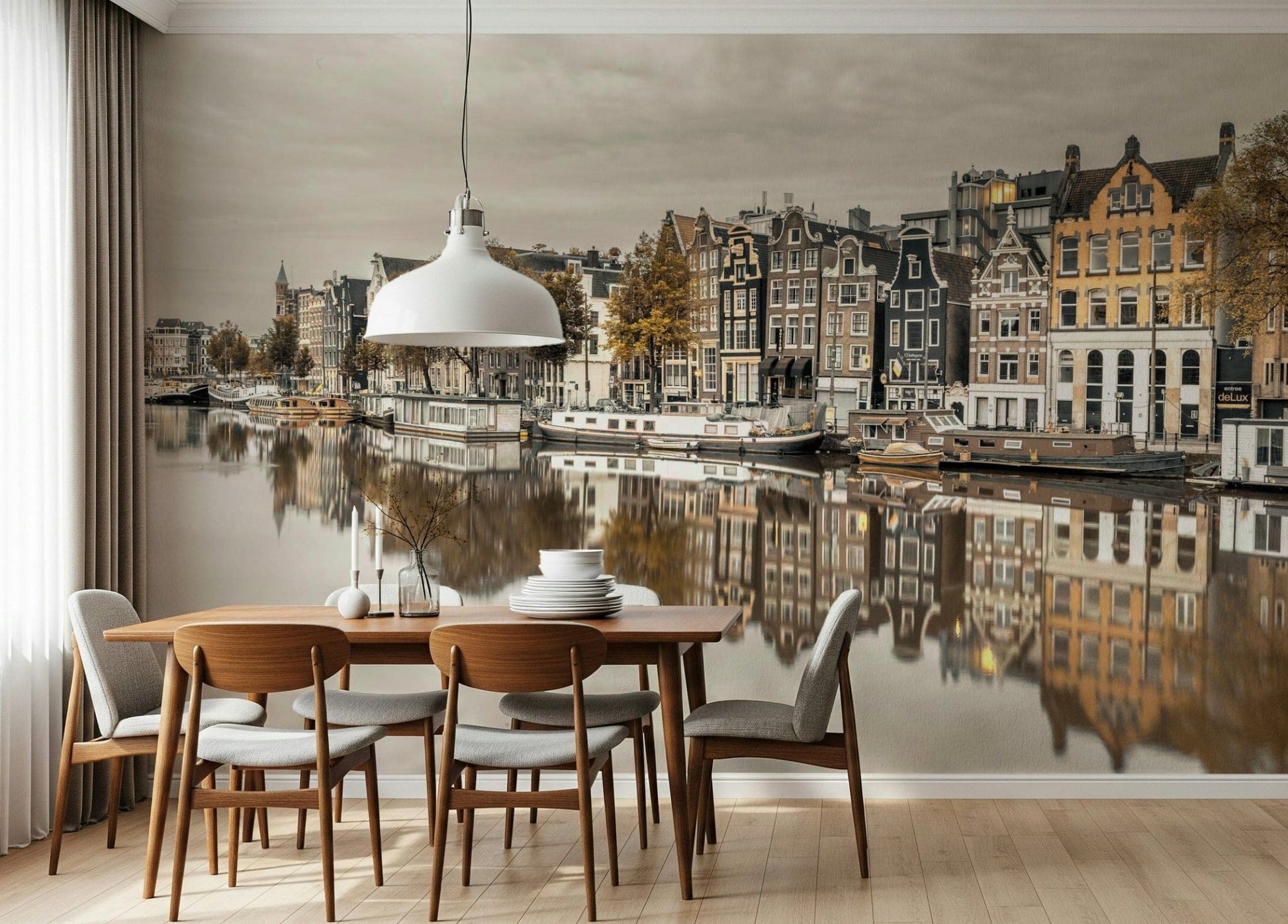 Urban landscape wall mural in warm muted gold and brown colour tones., GD2452