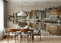 Urban landscape wall mural in warm muted gold and brown colour tones., GD2452