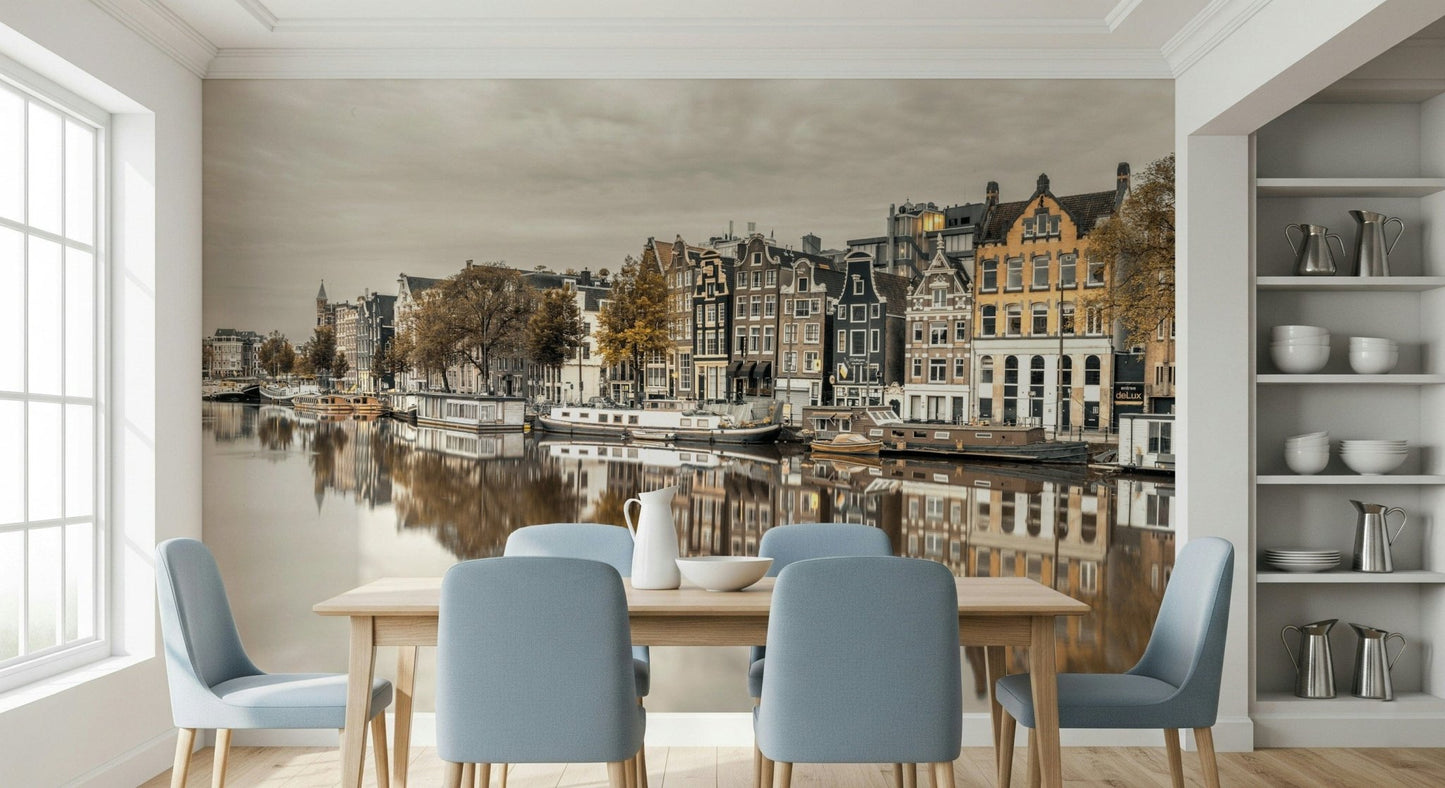 Canal house wallpaper illustrating a peaceful waterfront at daytime., GD2452