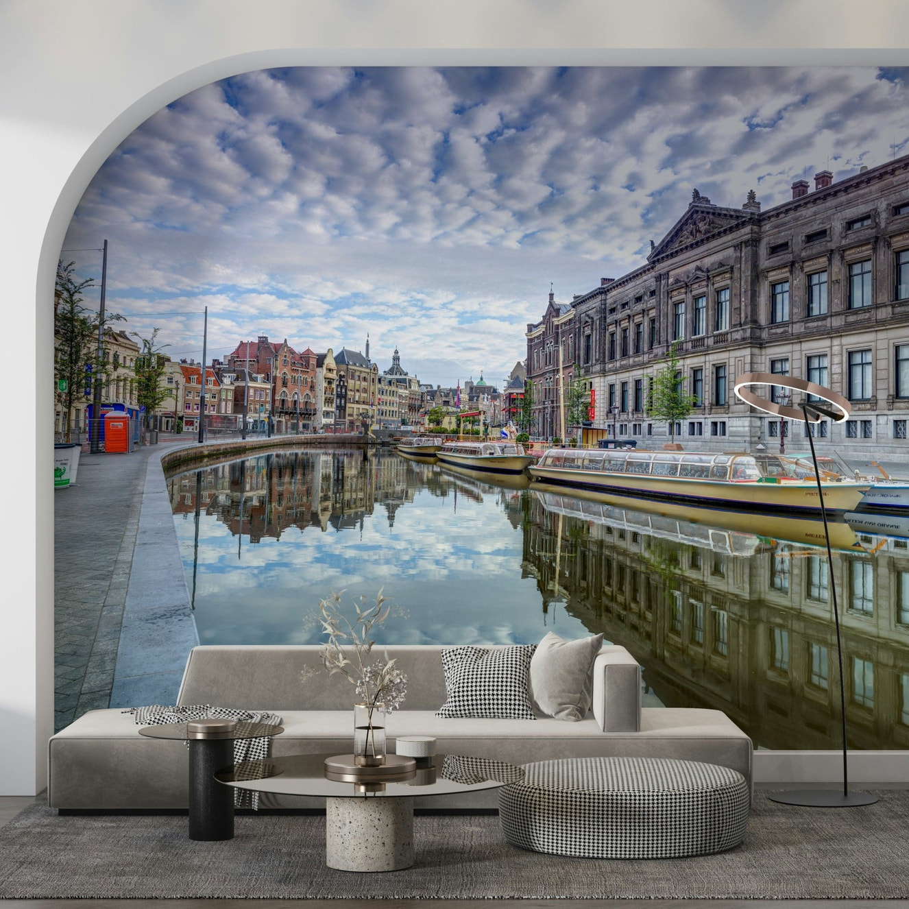 Amsterdam's Watercolor Wall Mural with scenic canal reflections in a living room wallpaper.