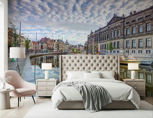Sophisticated urban waterway wallpaper mural for a bright and airy dining space wall.