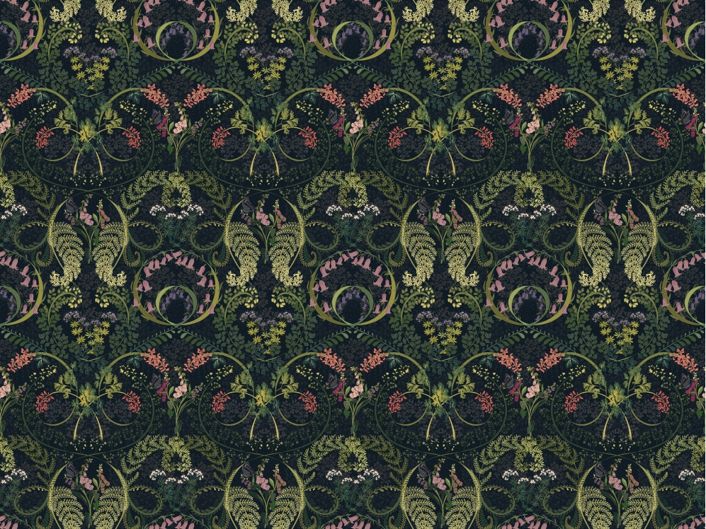 Woodland Fauna Dark Green Wallpaper in your room — zoomed