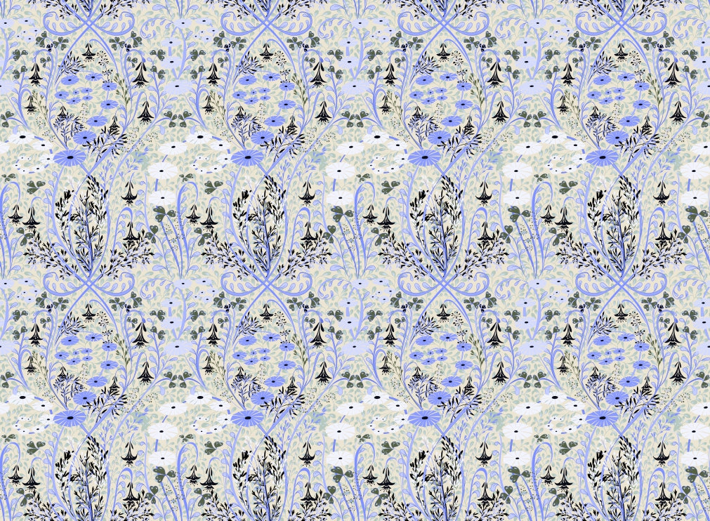 Whimsical Meadow Periwinkle Wallpaper in your room — zoomed