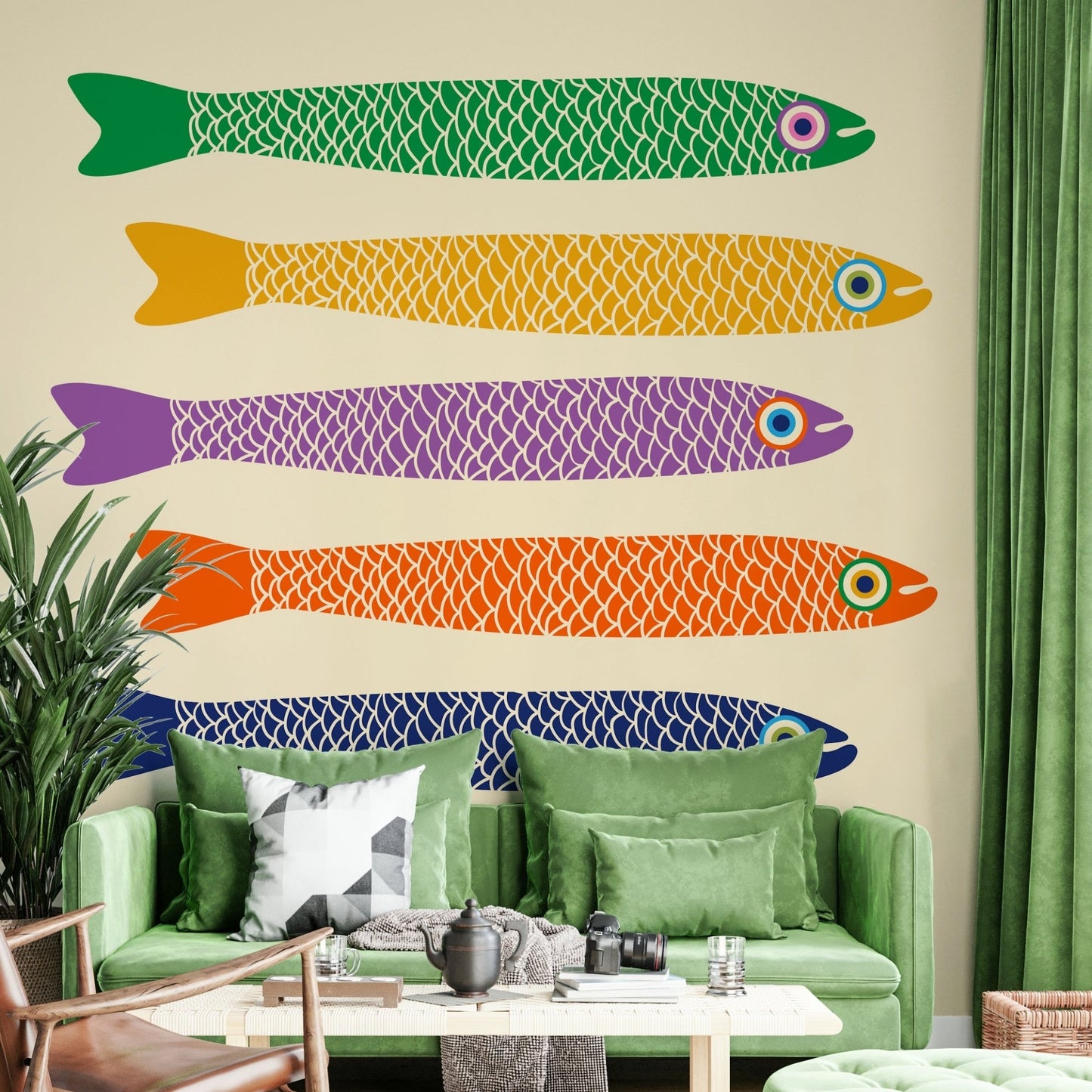 Vibrant anchovies on a creamy mural backdrop

