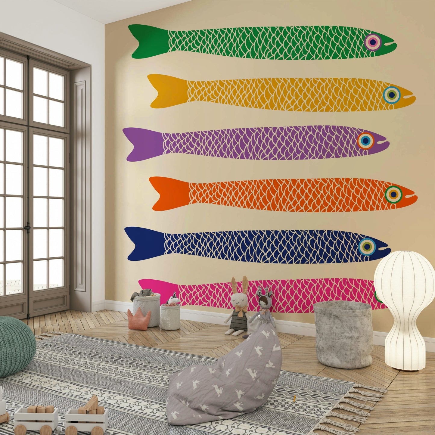 Bright rainbow fish on a cream wall mural

