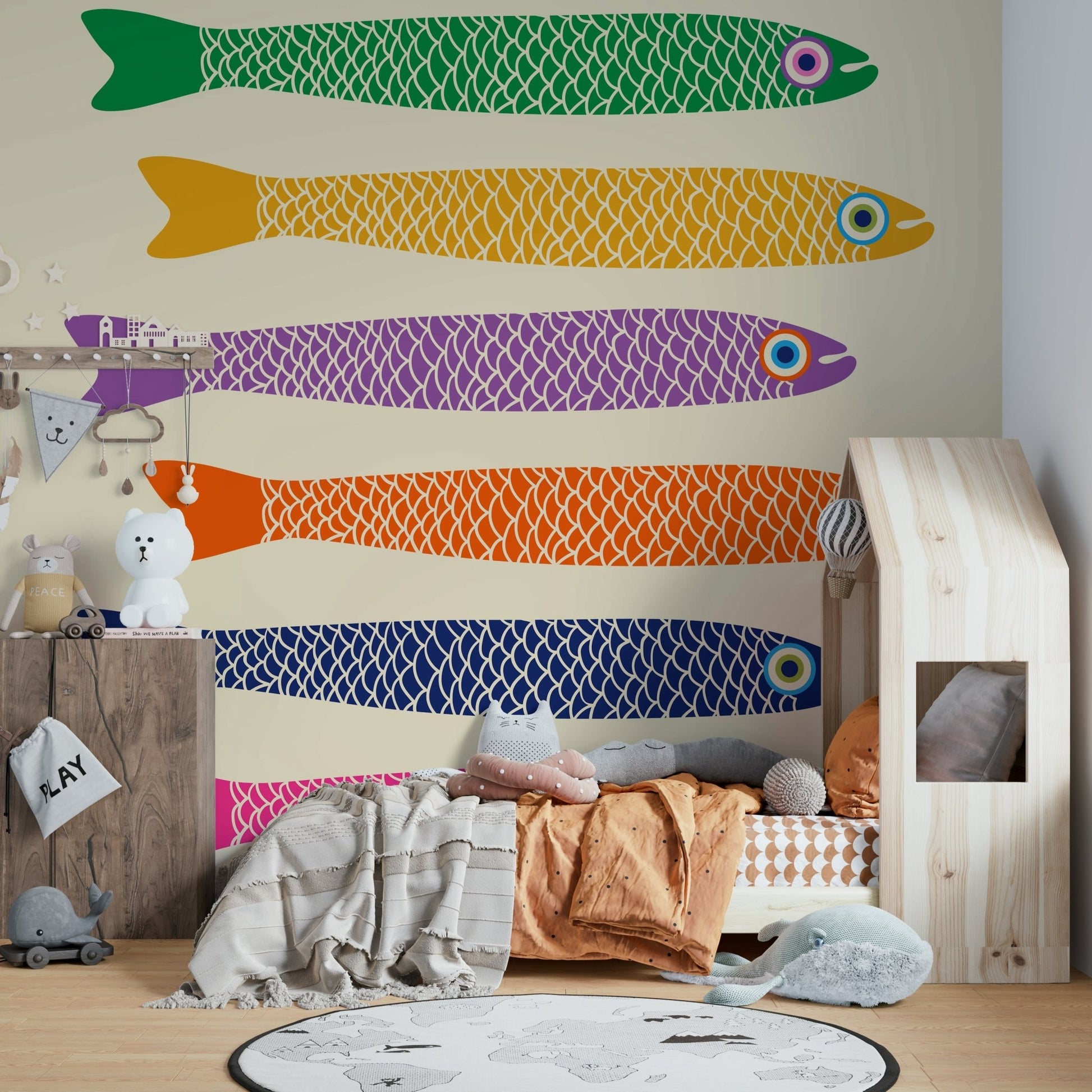 Cream wall mural with vibrant anchovy fish

