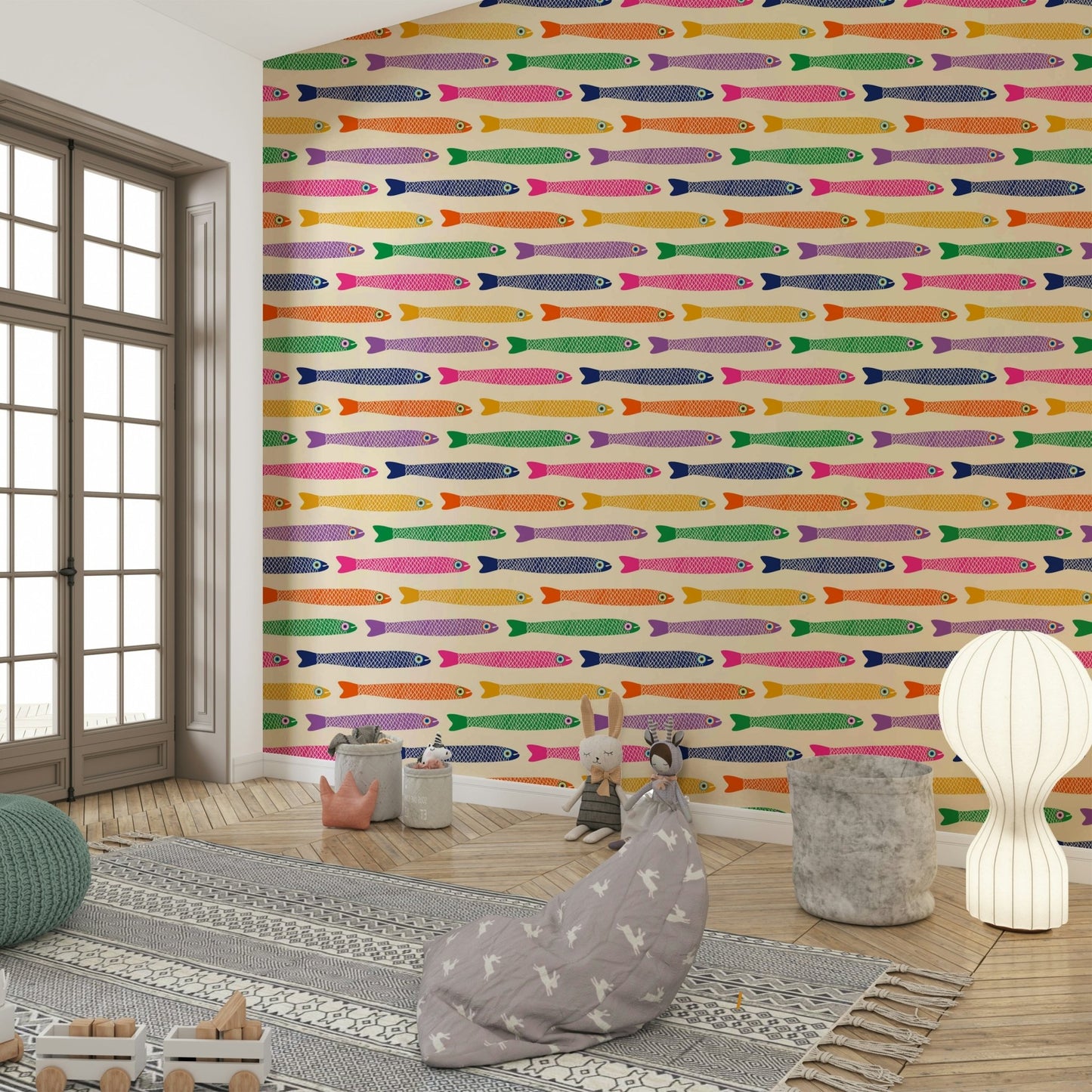 Bright fish with rainbow hues on cream-colored wallpaper

