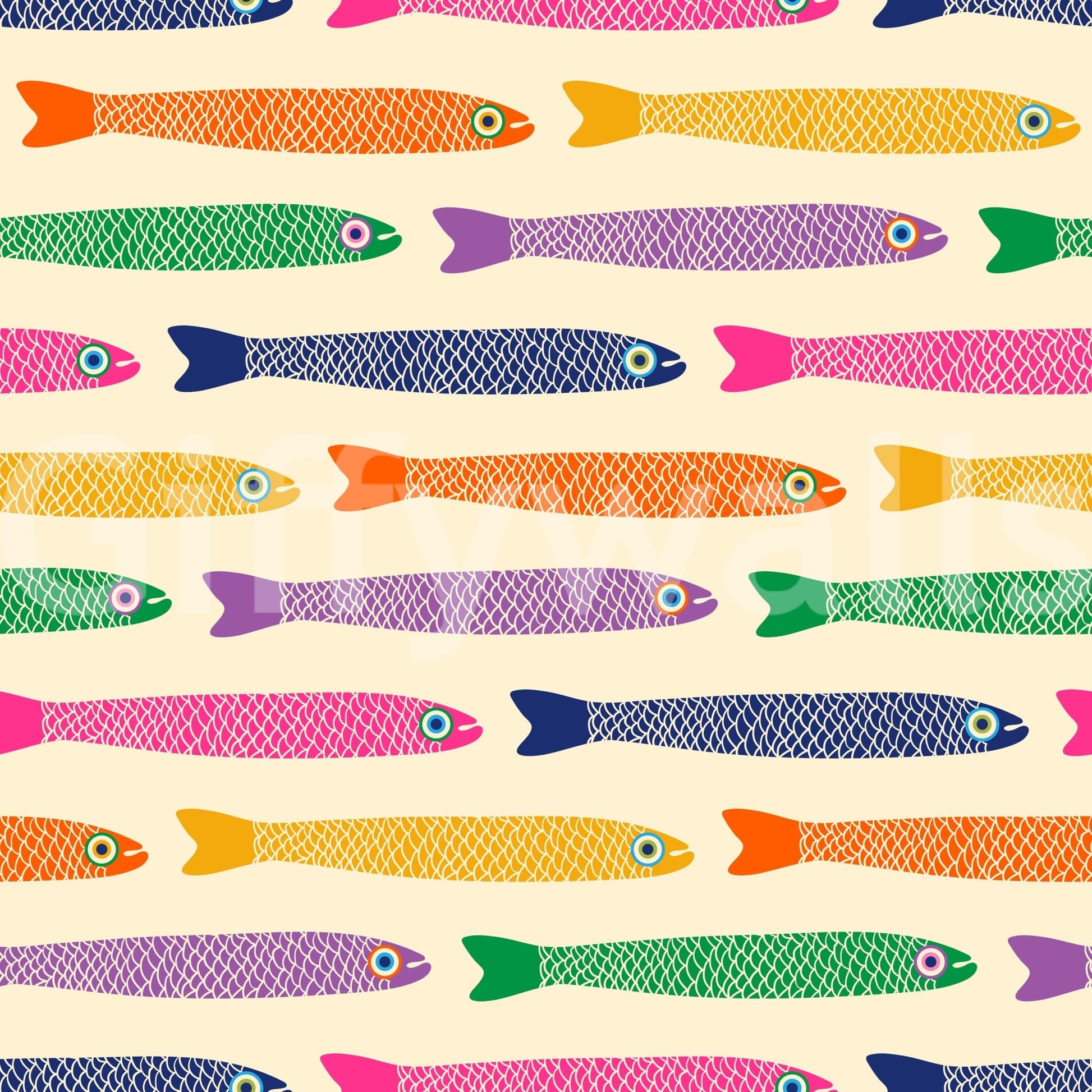 Vibrant anchovies fish swimming on smooth cream wallpaper

