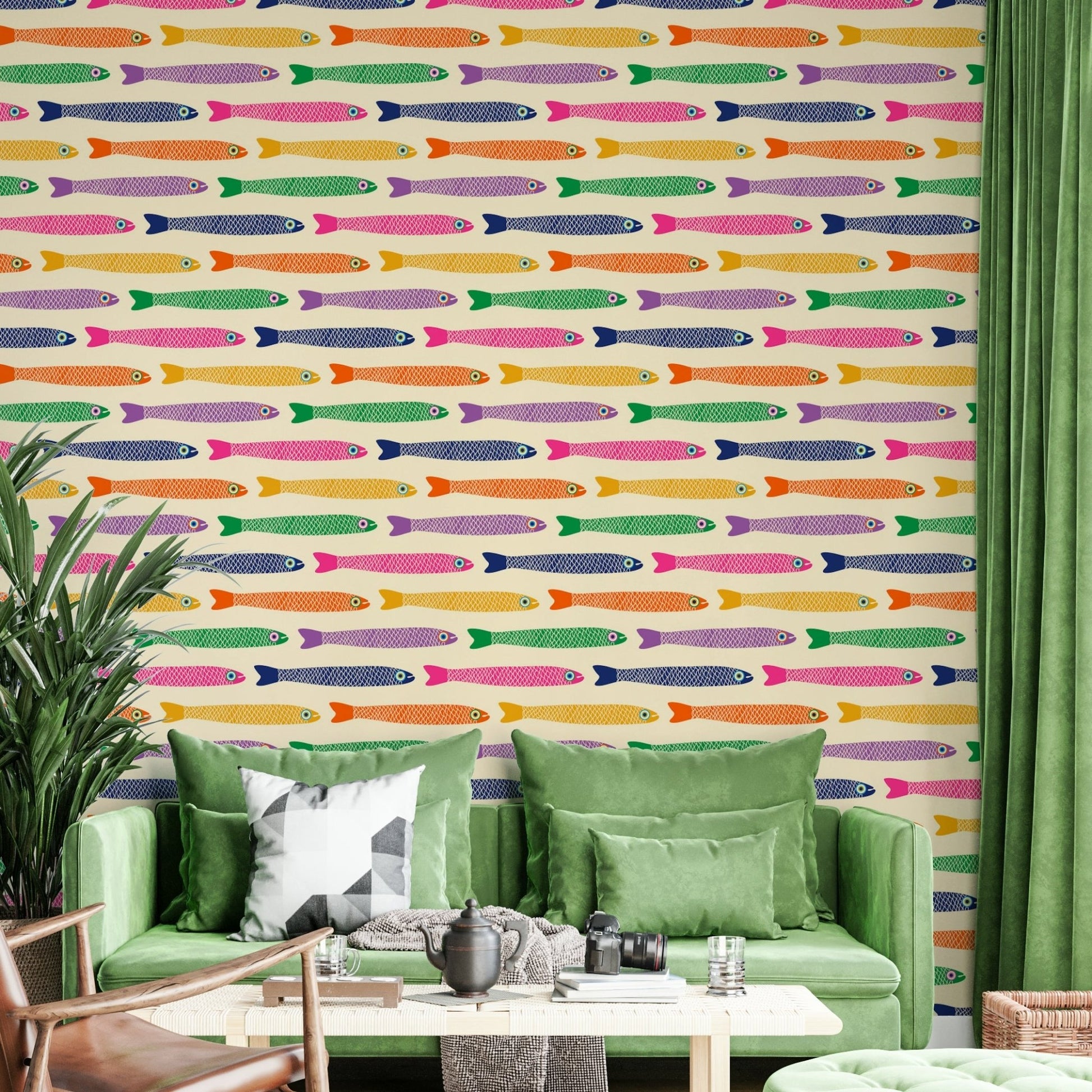 Fresh and colorful fish wallpaper with cream backdrop

