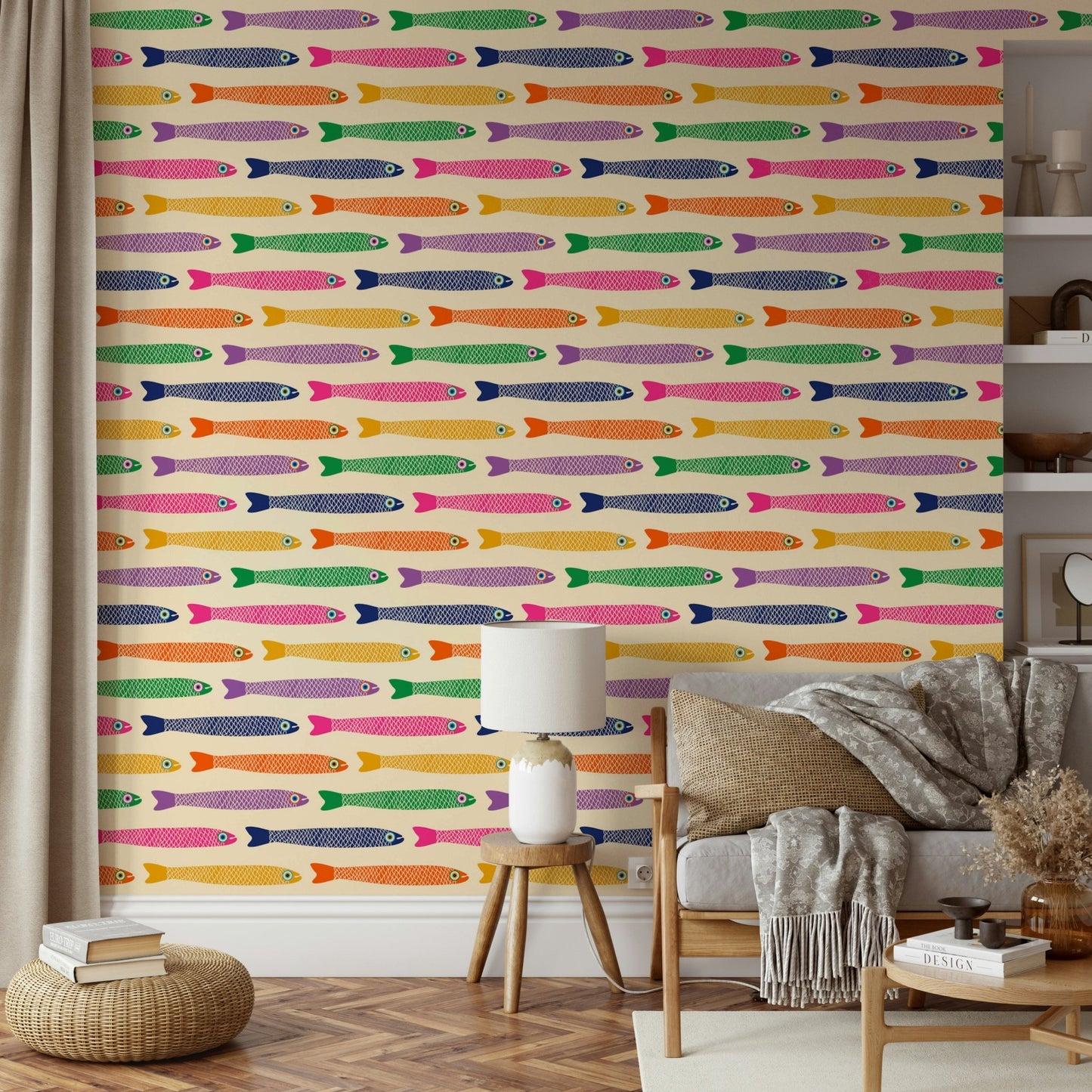 Elegant fish design with rainbow colors on cream wallpaper

