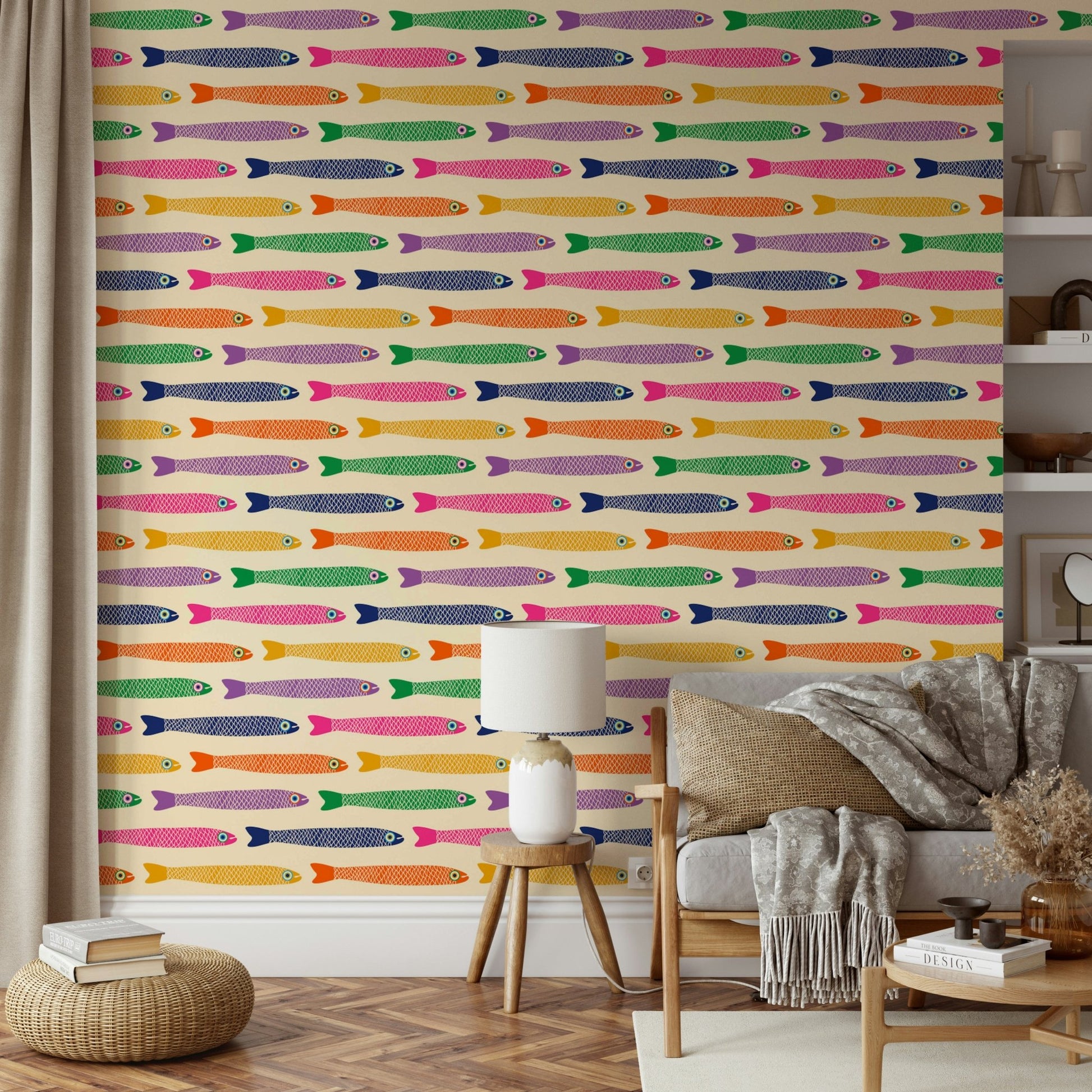Elegant fish design with rainbow colors on cream wallpaper

