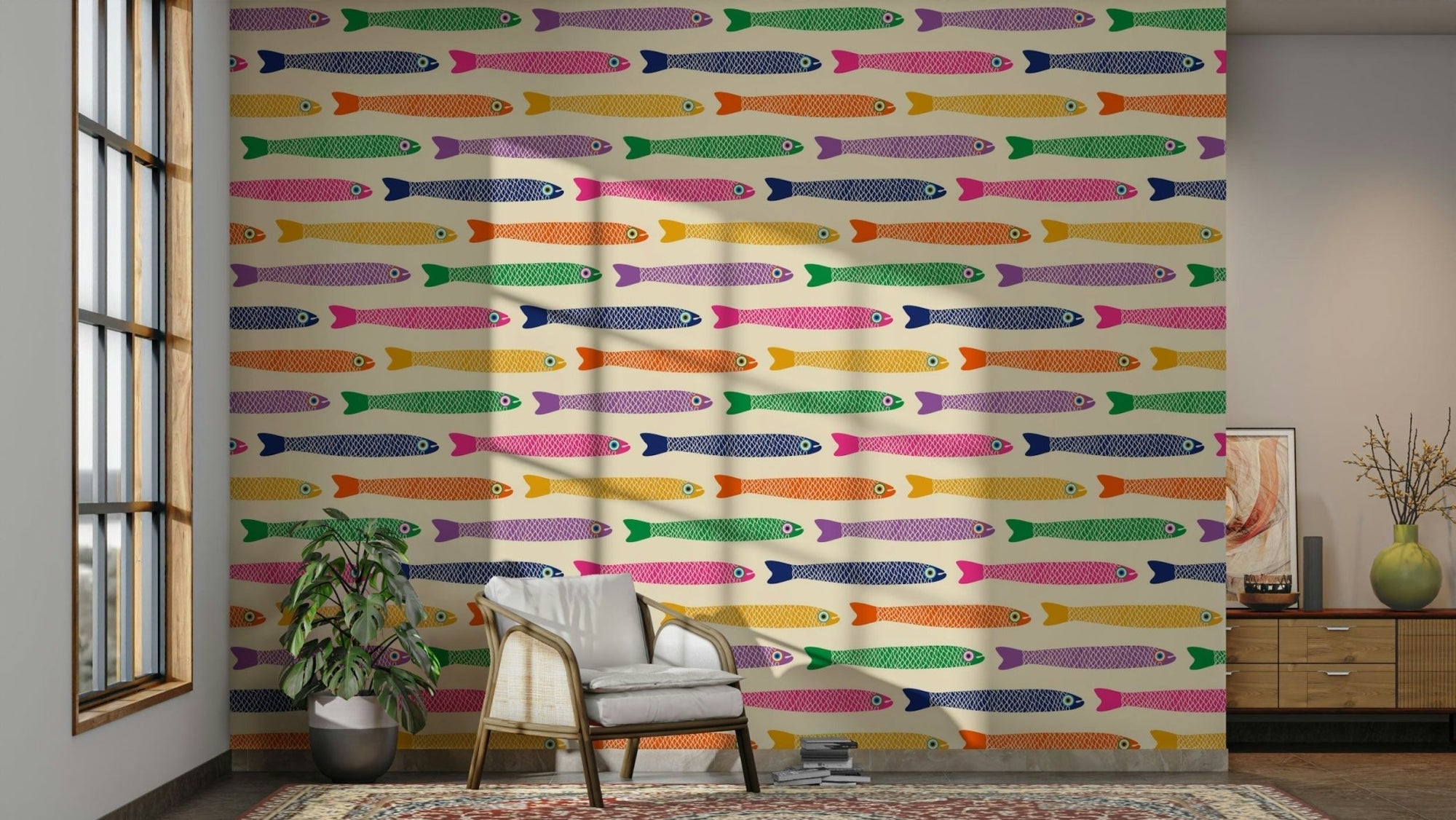 Vibrant rainbow fish swimming on cream background wallpaper, GD1582