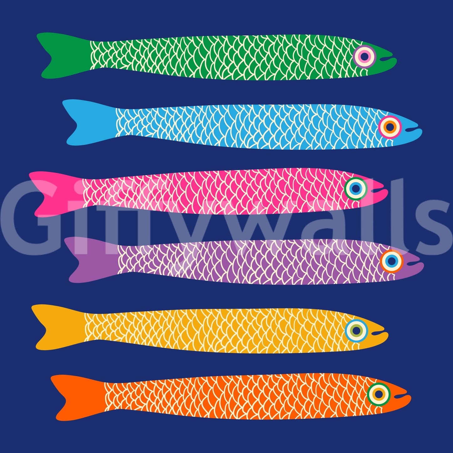 Anchovies swimming in a vibrant blue mural.


