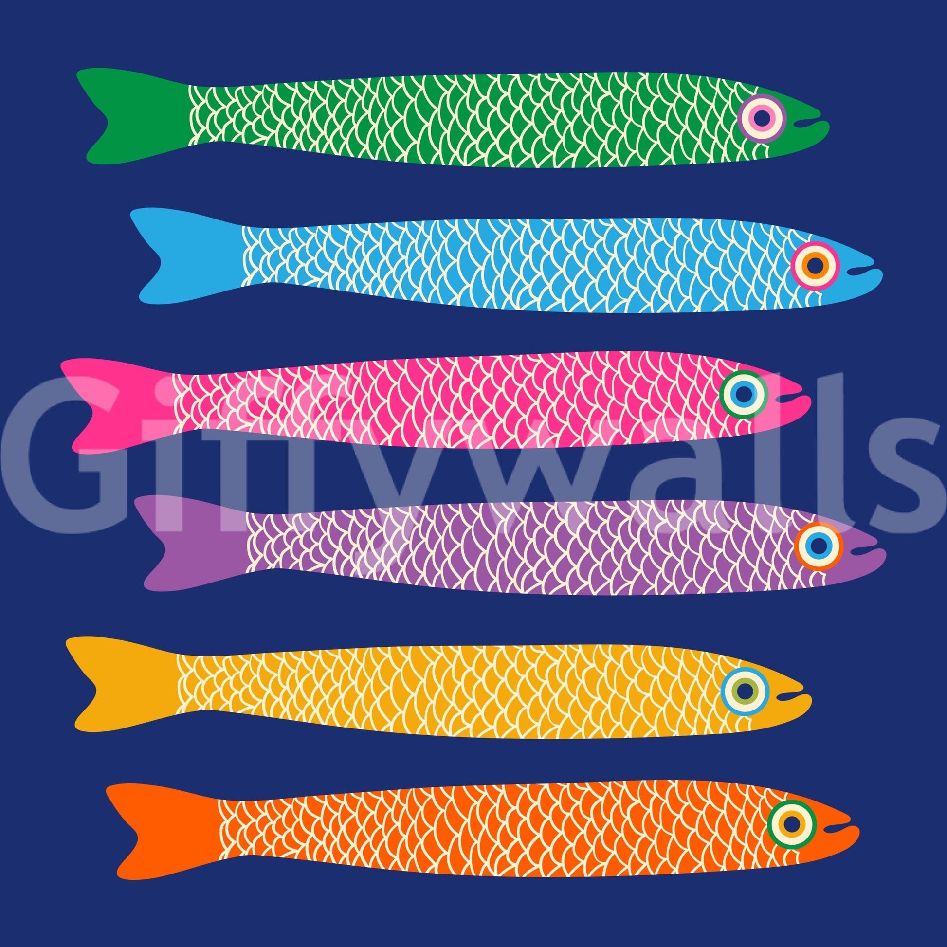 Anchovies swimming in a vibrant blue mural.

