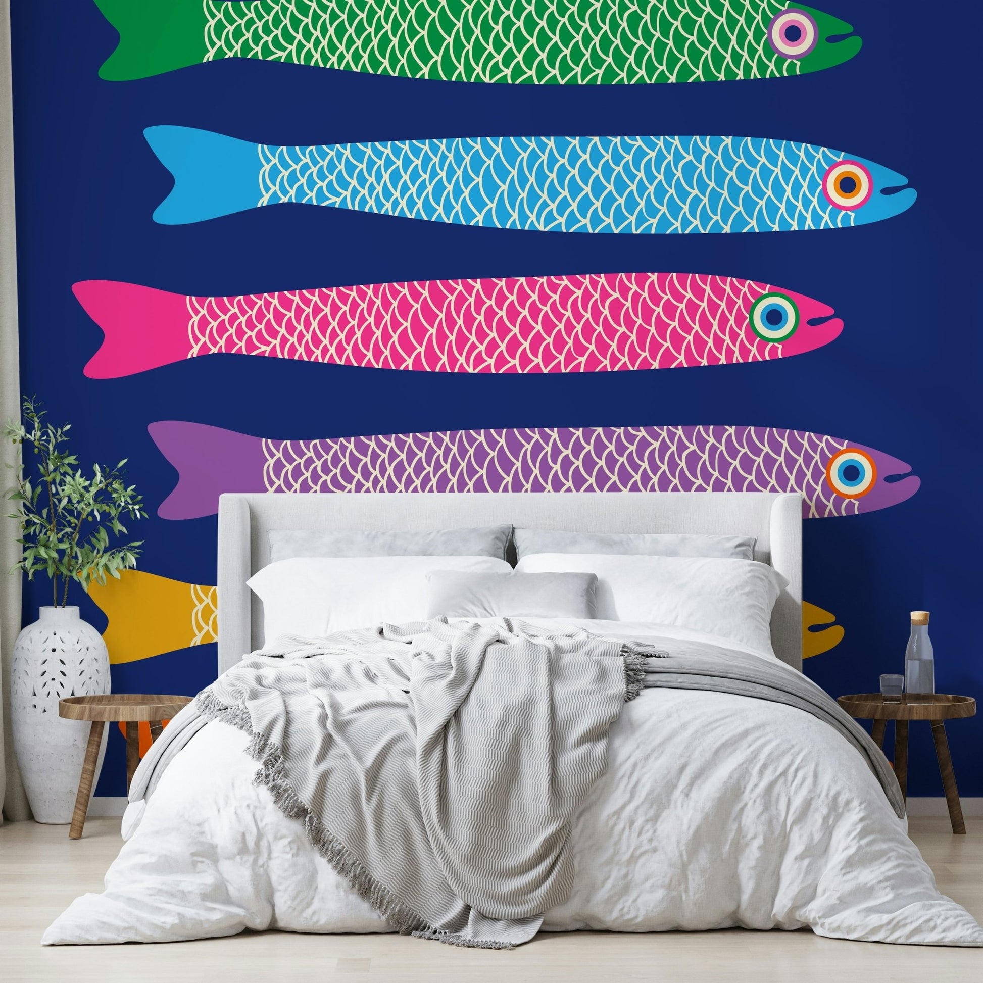 Rainbow fish design for blue wall art.

