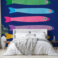 Rainbow fish design for blue wall art.

