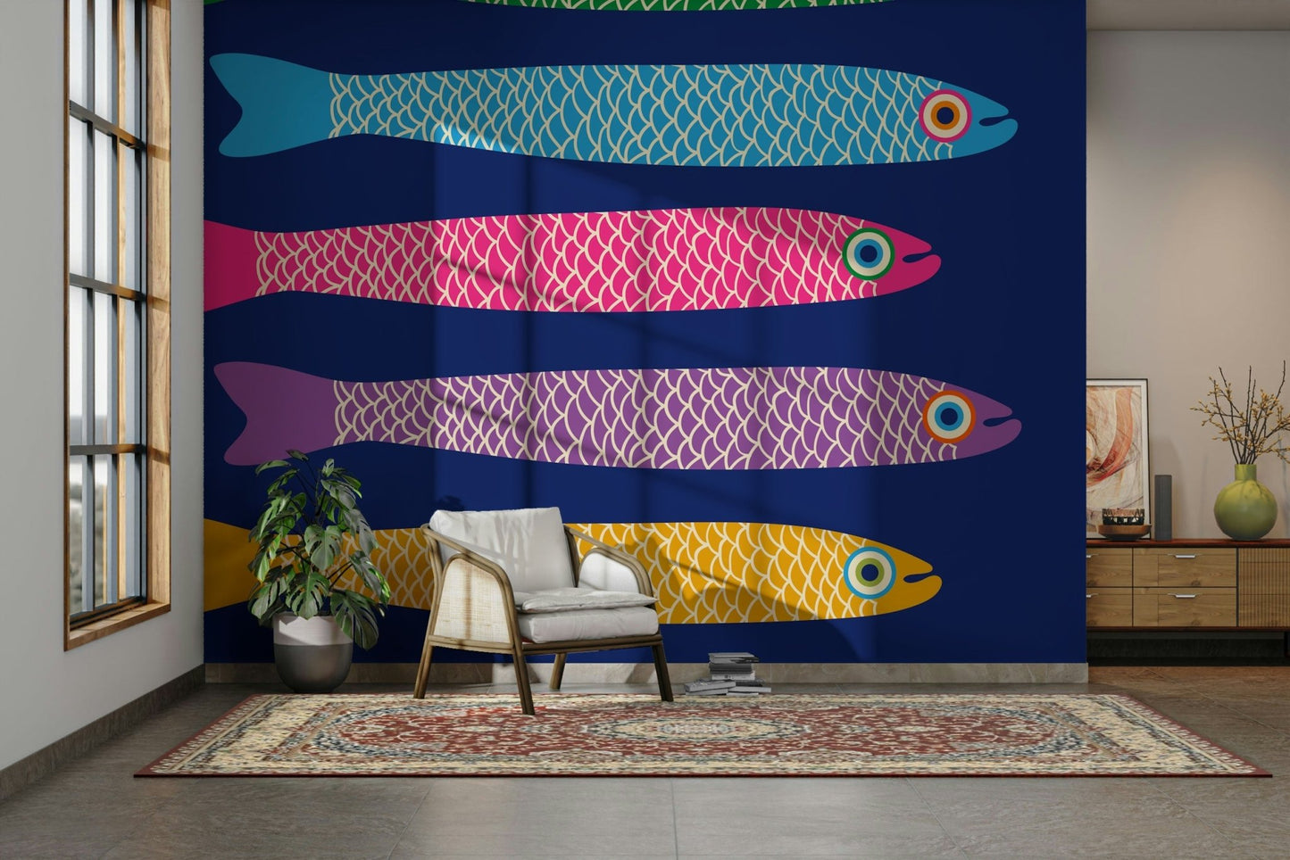 Anchovies with rainbow colors on blue wall.


