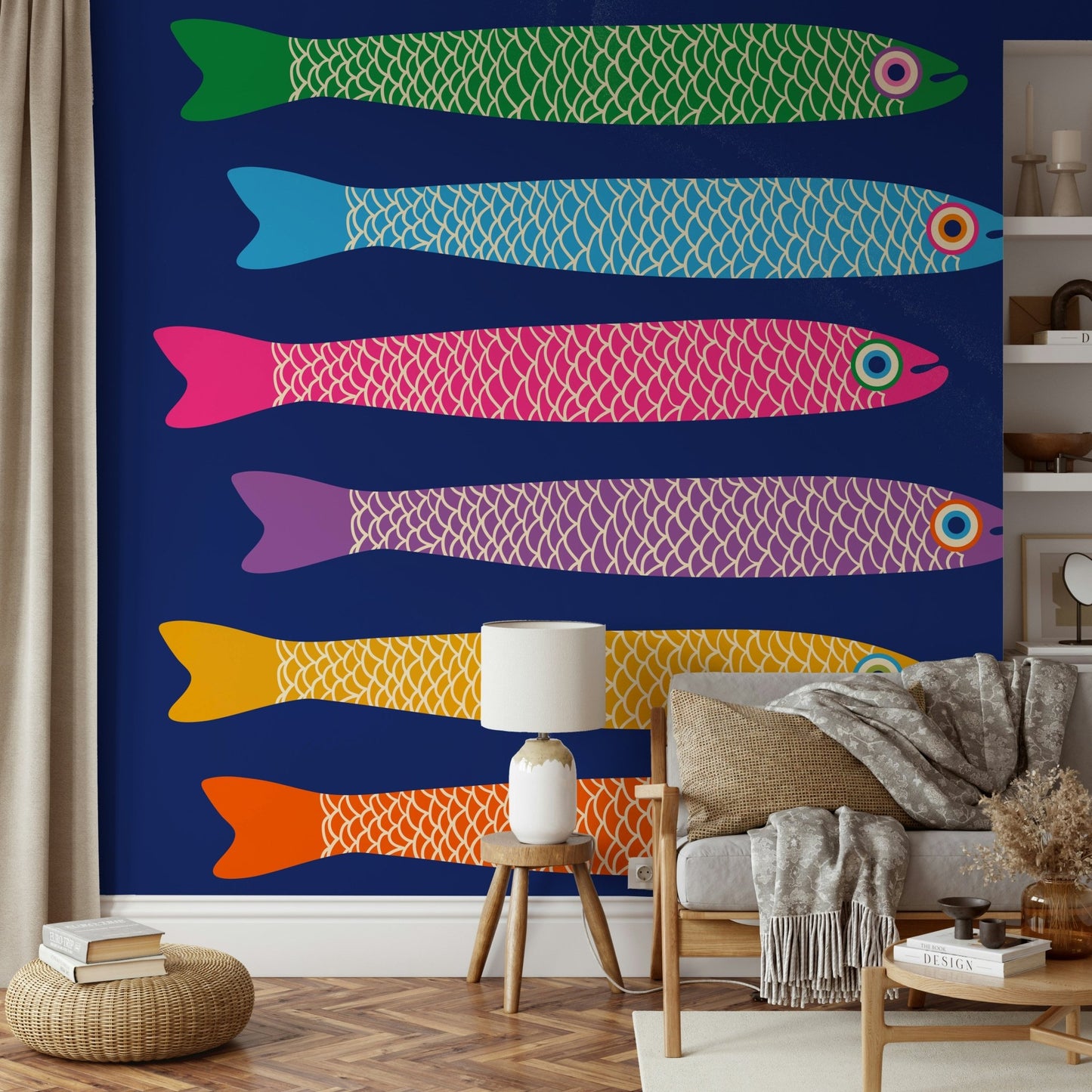 Bright rainbow fish on royal blue mural.

