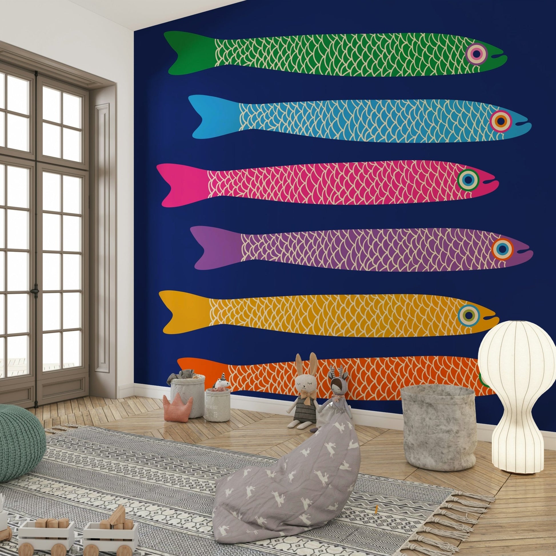 Anchovies swimming on a royal blue mural.

