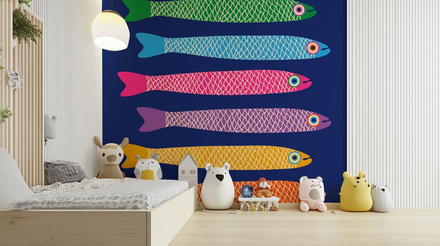 Colorful fish art in blue wall mural.

