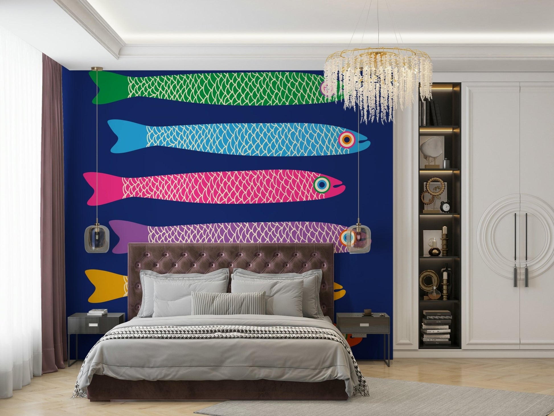 Brightly colored fish on a blue mural backdrop.

