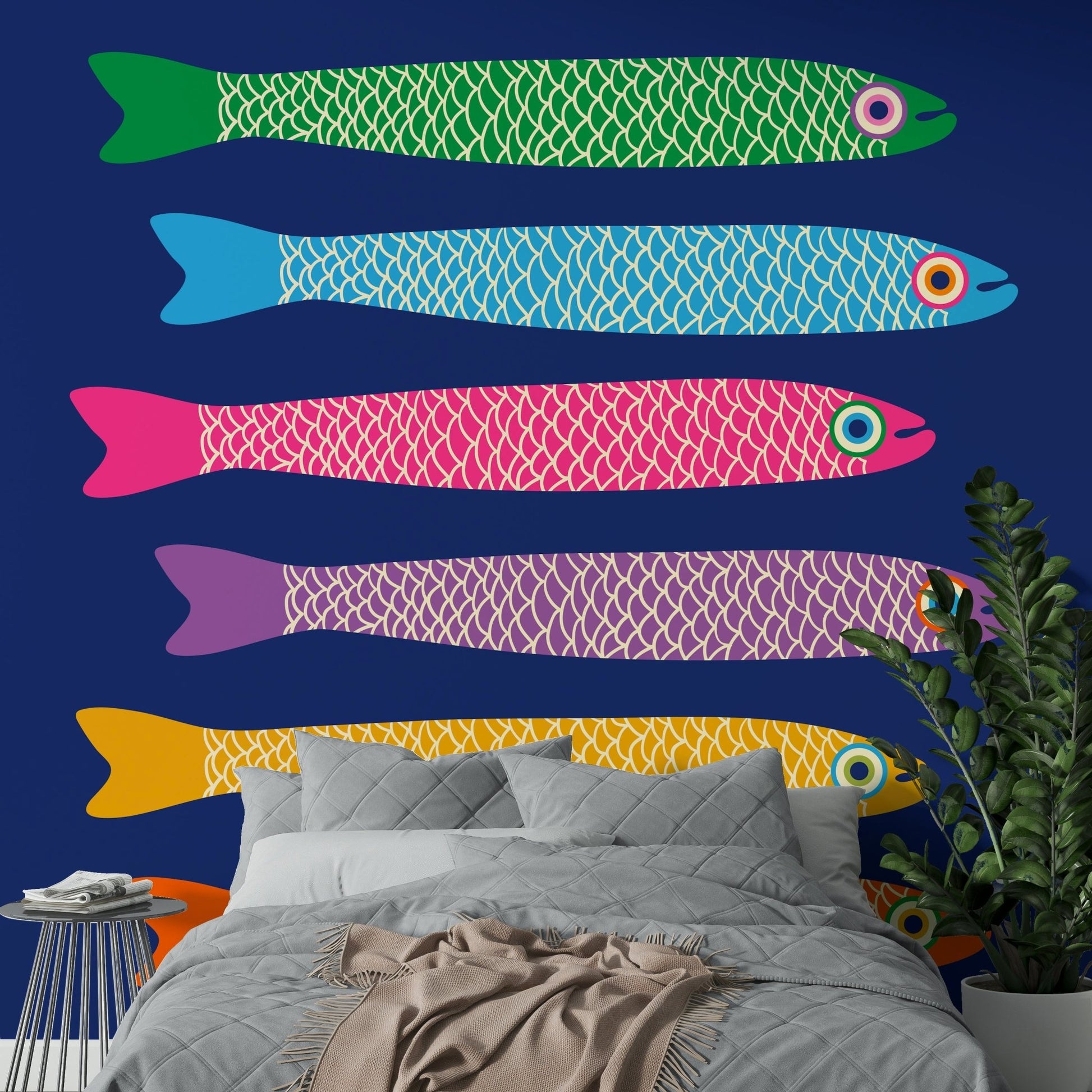 Vibrant fish design on royal blue backdrop.

